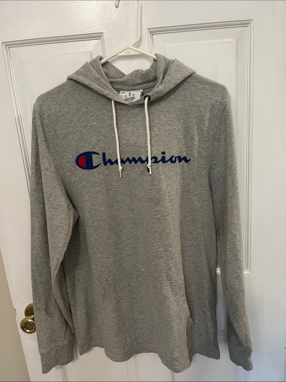 Champion Light Gray Hoodie with Blue and Red Logo